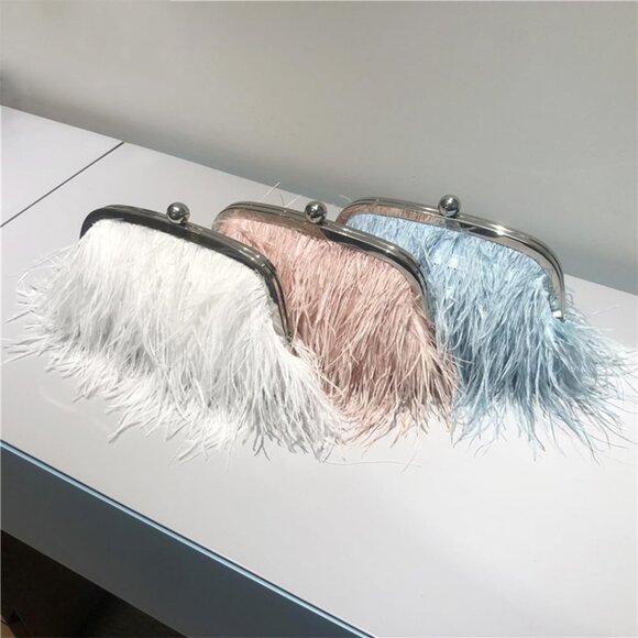 ⚡Women's Fluffy Ostrich Feather Pearl Banquet Evening Light Pink Clutch Bag - Picture 6 of 6